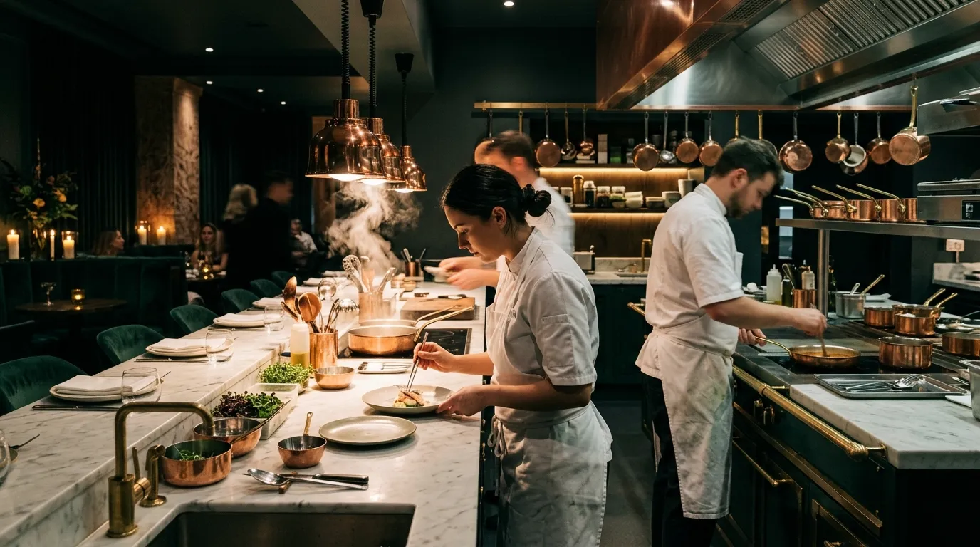 Cinematic careers hero — luxury open kitchen and refined hospitality atmosphere