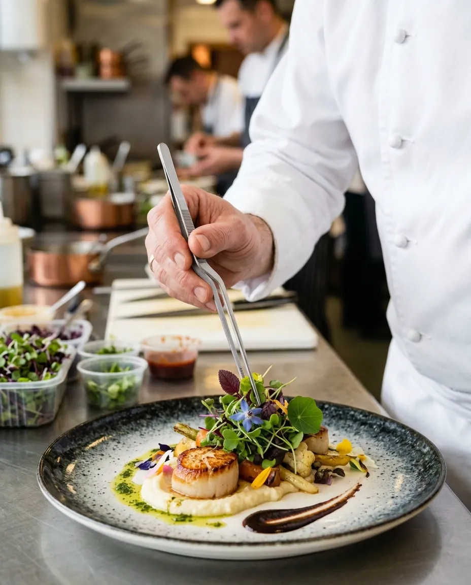 Editorial plating captured as an object of focus rather than a supporting detail.